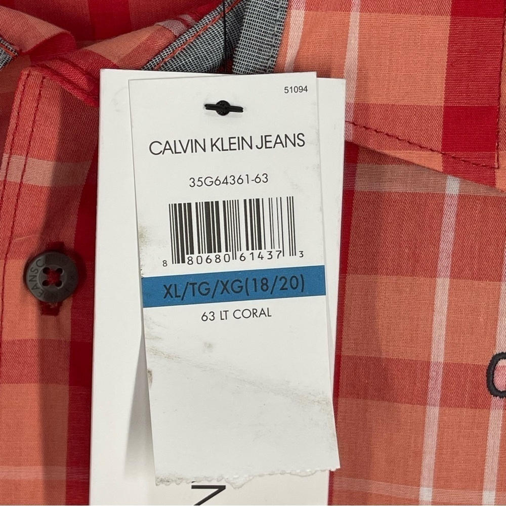 Calvin Klein Jeans Casual Button Down Red Plaid Shirt XL 18-20 New With Tags - Picture 3 of 6